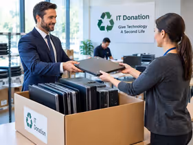Image shows corporate workers gathering used IT assets to donate to charities.