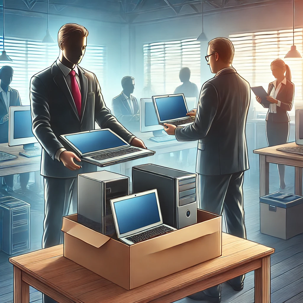 Image shows corporate workers gathering used IT assets to donate to charities.