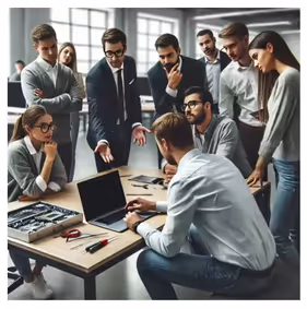 Image depicting the lost employee productivity from downtime showing one employee repairing a laptop while others stand around and wait.