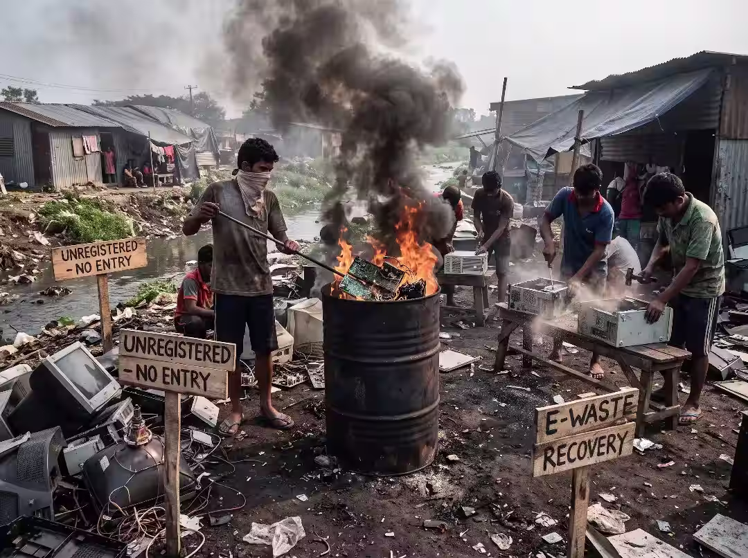 Image of an illegal e-waste recycling center overseas with open burning in barrels and no PPE