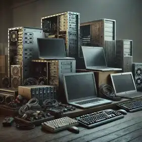 An image of used IT equipment ready for disposal