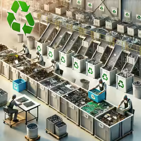 Image depicting technology being broken down into component parts so they can be recycled.