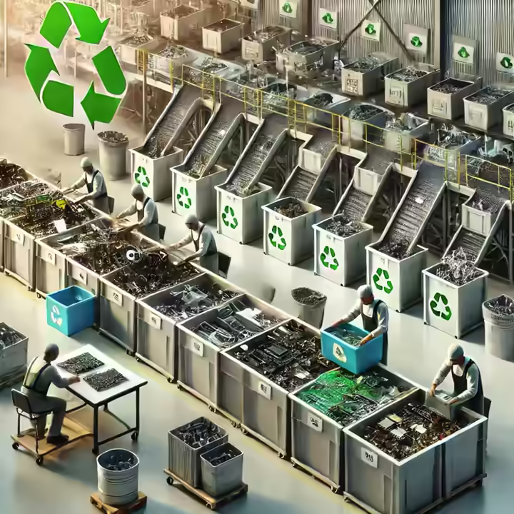 Image depicting technology assets being broken down into component parts to be recycled. 
