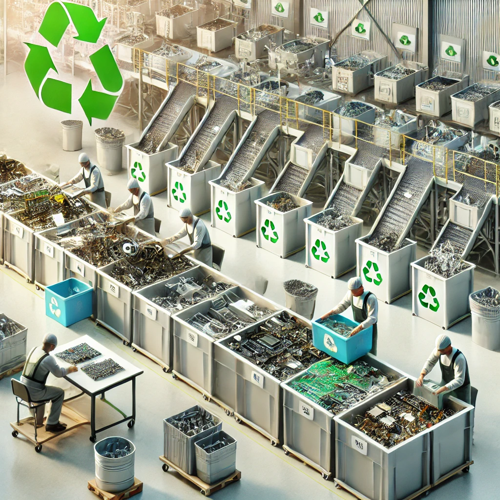 Image depicting technology being broken down into component parts so they can be recycled.