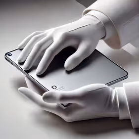 Image of white-gloved hands handling technology depicting ICT's professional white glove IT asset disposition service